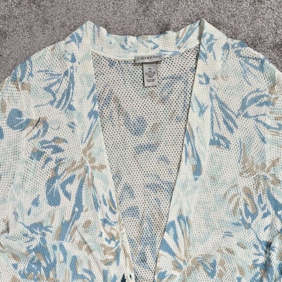 Catherines Ivory Teal Floral Leaf Mesh Open Front Lightweight Cardigan - Picture 4 of 7